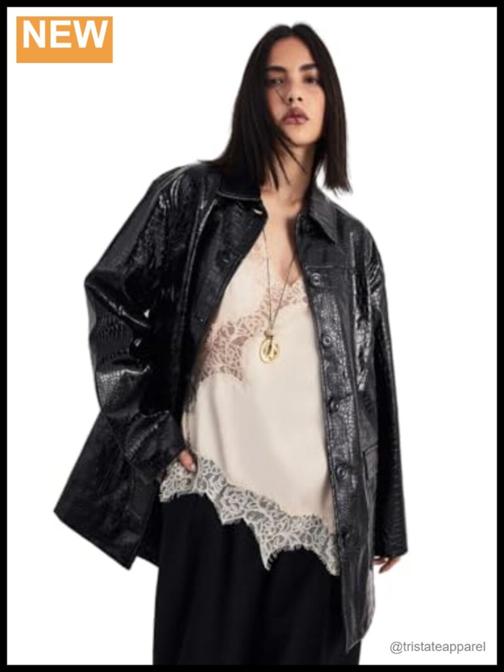 Nasty Gal Croc Vinyl Faux Leather Clean Jacket, Oversized, Button Front, Patch